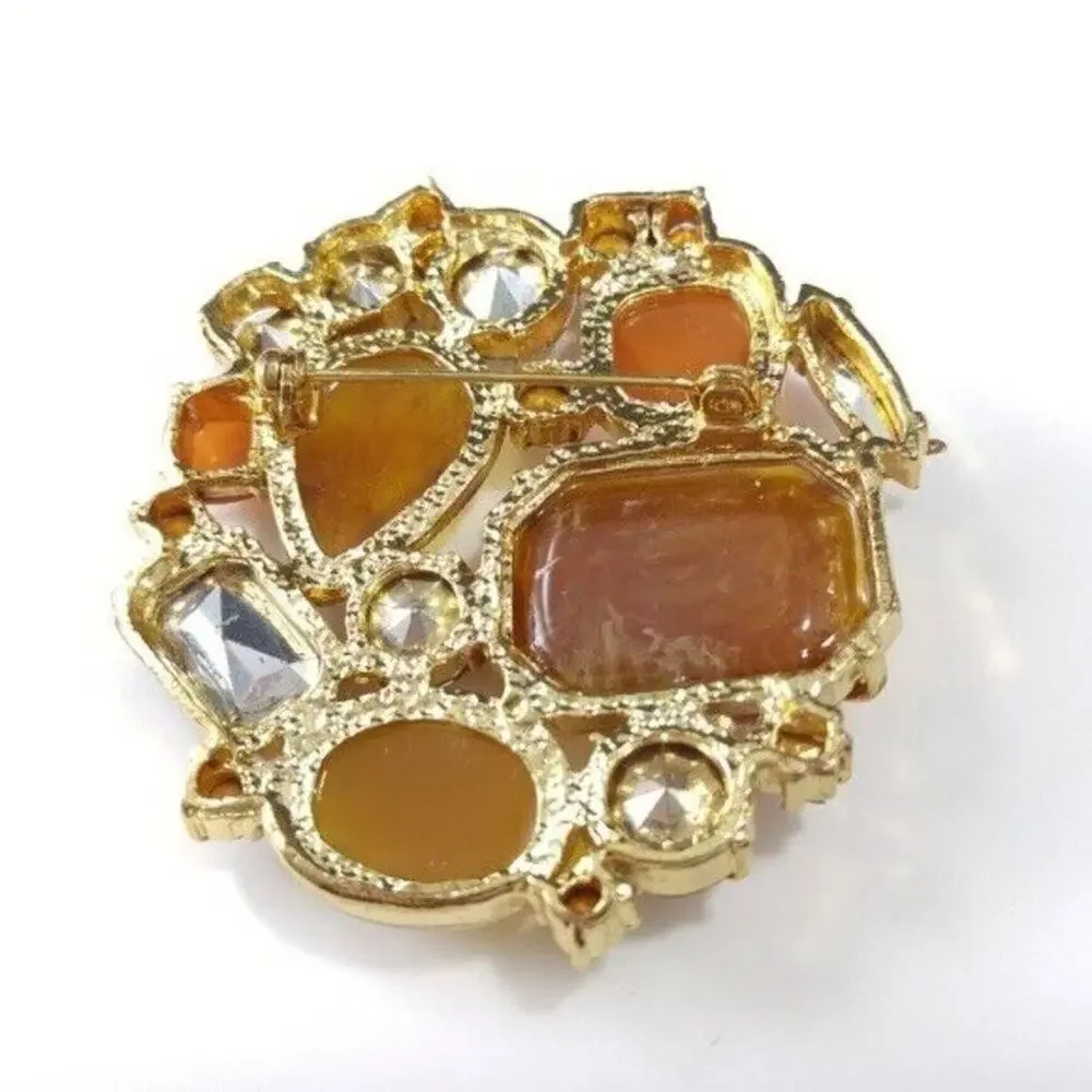 Vintage Topaz Cabochons & Rhinestones Brooch, Light Dark Topaz, Gold Tone, 2 In